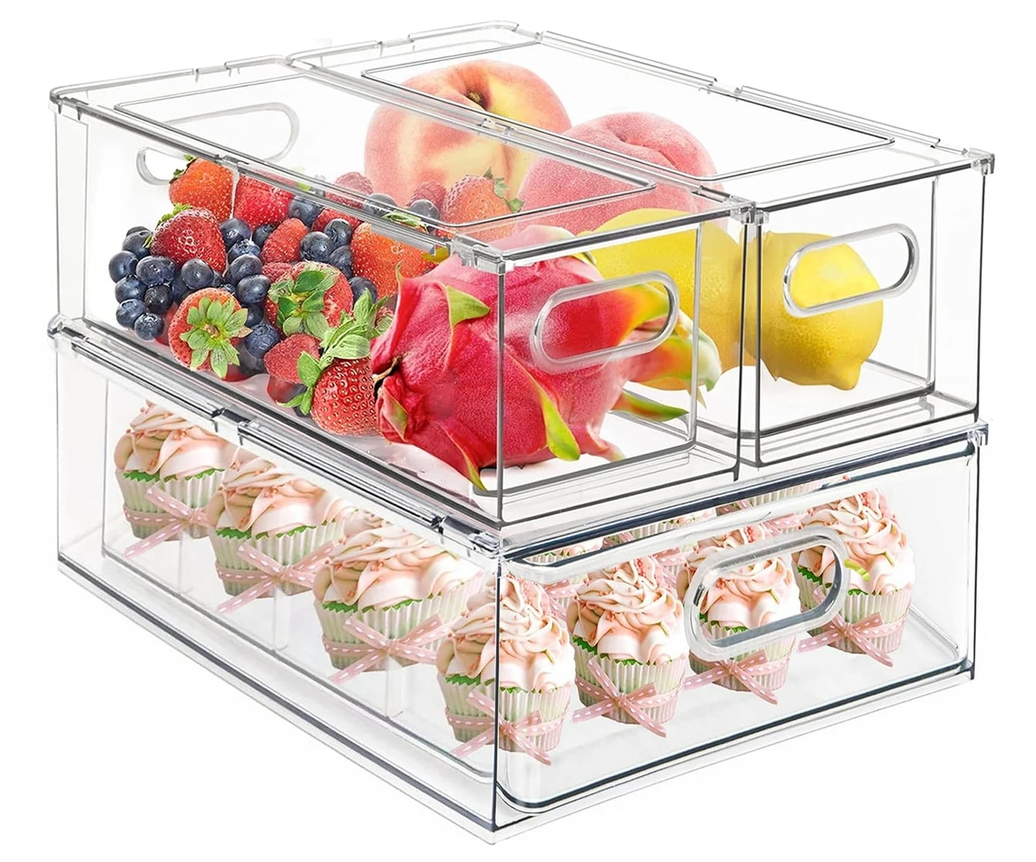 3 Pack Refrigerator Organizers and Storage with Pull-out Drawer, Stackable Fridge Drawer Organizer Set with Handle, BPA-free Clear Storage Cases for Freezer, Cabinet, Kitchen, Pantry Organization